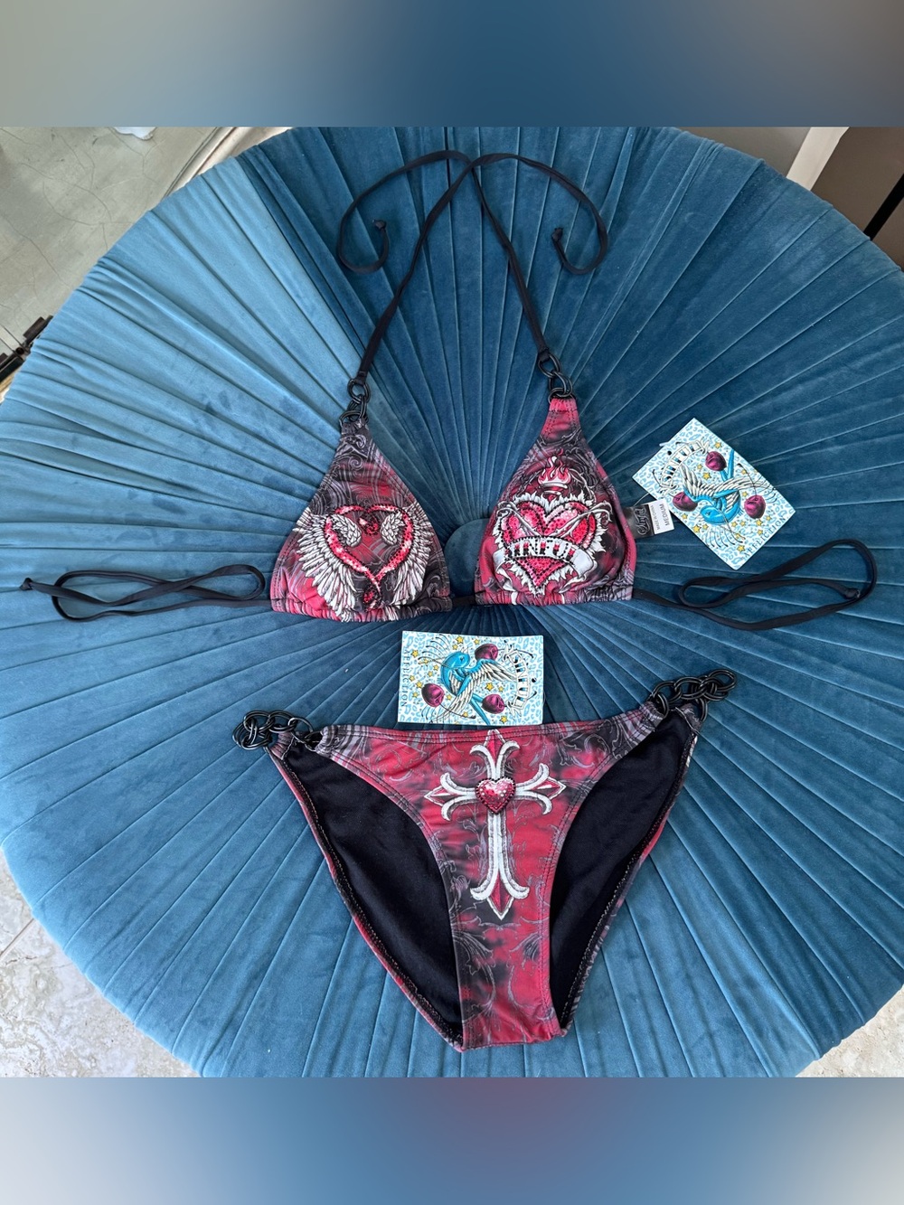 Rare Sinful by Affliction Y2K Red and Black Heart, Cross, & Angel Wings Bikini